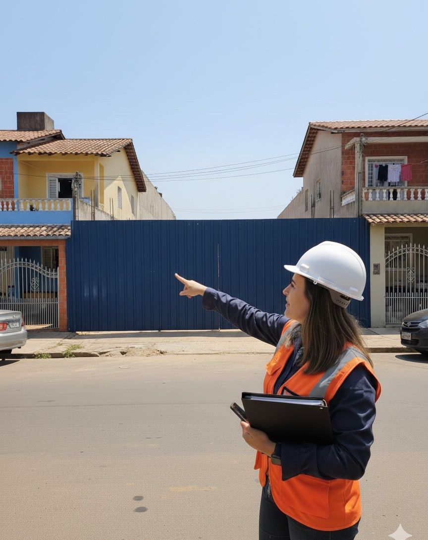 Elisangela Nunes de capacete e colete durante vistoria em obra